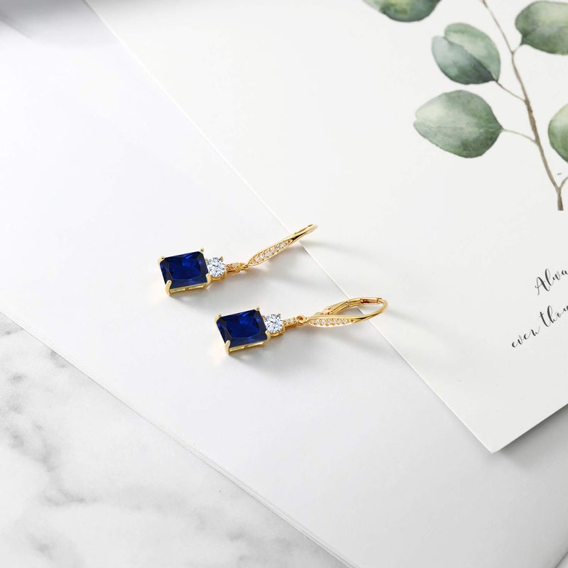 Gem Stone King 4-5 Cttw Leverback Drop Dangle Earrings For Women | 18K Yellow Gold Plated Silver | Emerald Cut 9X7MM Gemstone Birthstone | Fine Jewelry Gifts for Her Mom Anniversary Wedding - Image 5